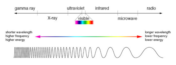 in order of increasing frequency, radio waves, microwaves, infrared radiation, visible light, ultraviolet radiation, X rays 